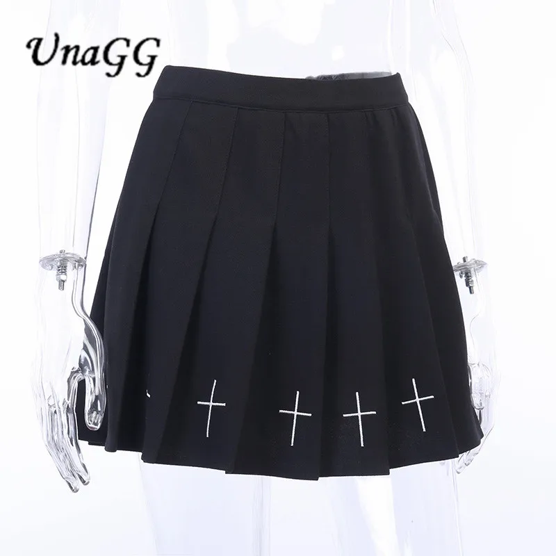 

UnaGG High Waist Mini Black Skirts Gothic Streetwear Cross Print Pleated Women Skirts Casual College Lolita Harajuku Skirt #1228