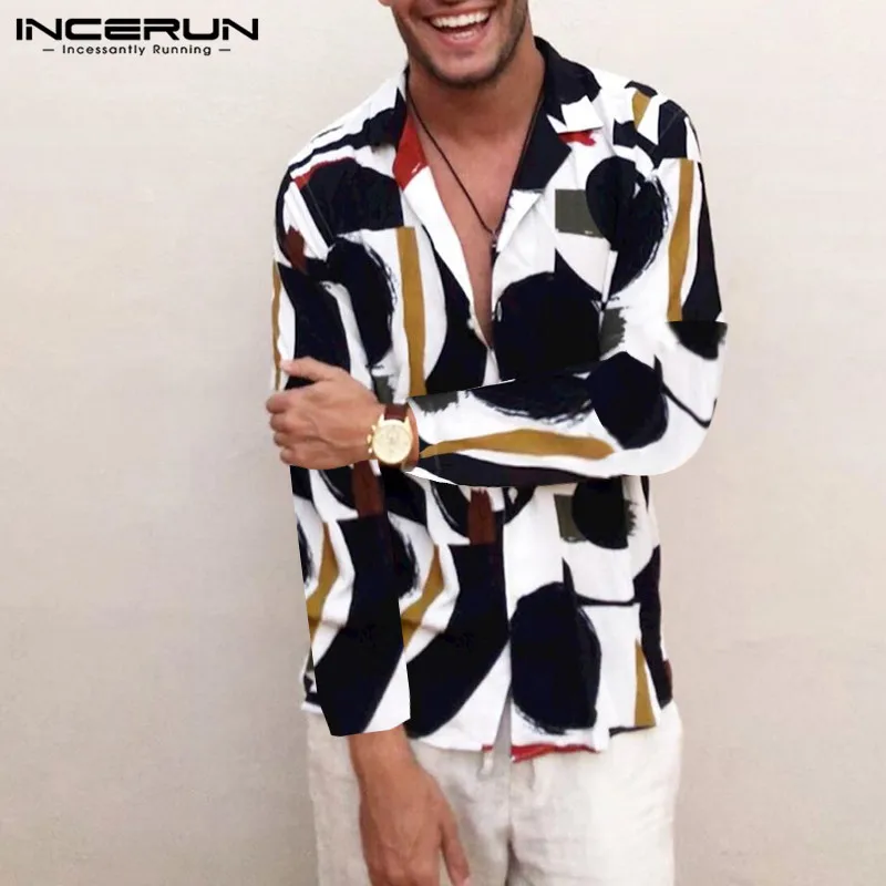 INCERUN модная мужская гавайская рубашка с принтом, длинный рукав, дышащий, Повседневная брендовая блузка, уличная, шикарная, с отворотом, для мужчин