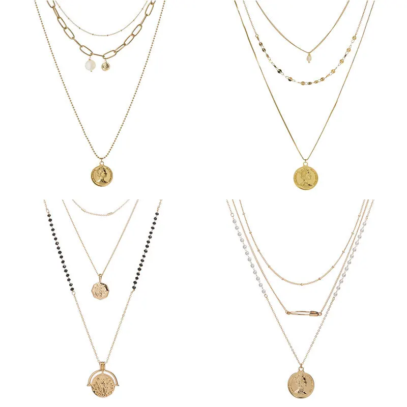 

Женское многослойное ожерелье с подвеской в виде карты Элизабет, монет, искусственного жемчуга, модное Золотое Ювелирное Украшение, Подаро...