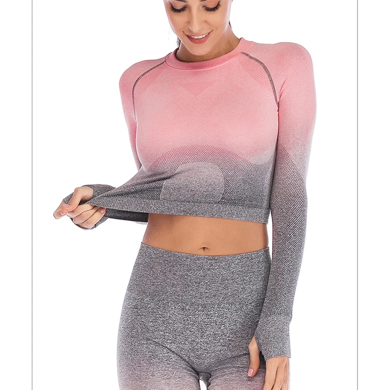 grey with pink 07 Zhangyunuo Ombre бесшовная футболка для йоги с коротким рукавом, футболка для жарки, спортивная одежда, укороченный топ для фитнеса, Женская Спортивная одежда для активного отдыха, футболки для тренировок - Цвет: grey with pink 07