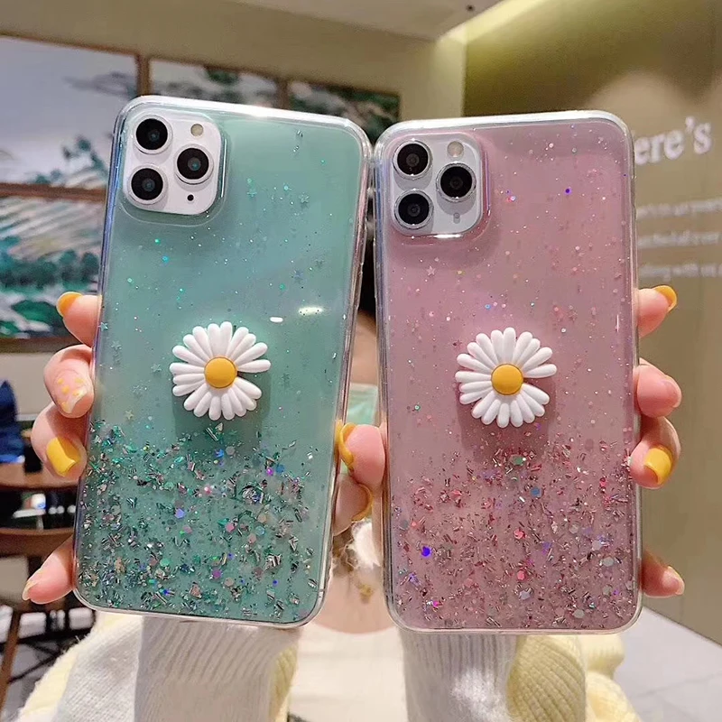 Чехол для телефона в Корейском стиле с 3D маргаритками и блестками iphone 6 7 8 plus X XS XR