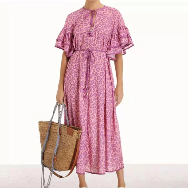 

2021Summer Holiday Style Women Elegant Floral Print Neckline Tie Design Short Sleeve Ruffled Layered Waist Mid-length Dress