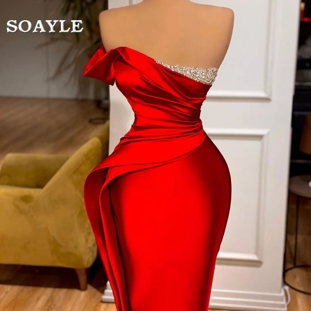 

Mermaid Evening Dress Long Pleat Sweep Train Crystals Satin Prom Gowns Strapless Red Custom Made Formal Party Gowns