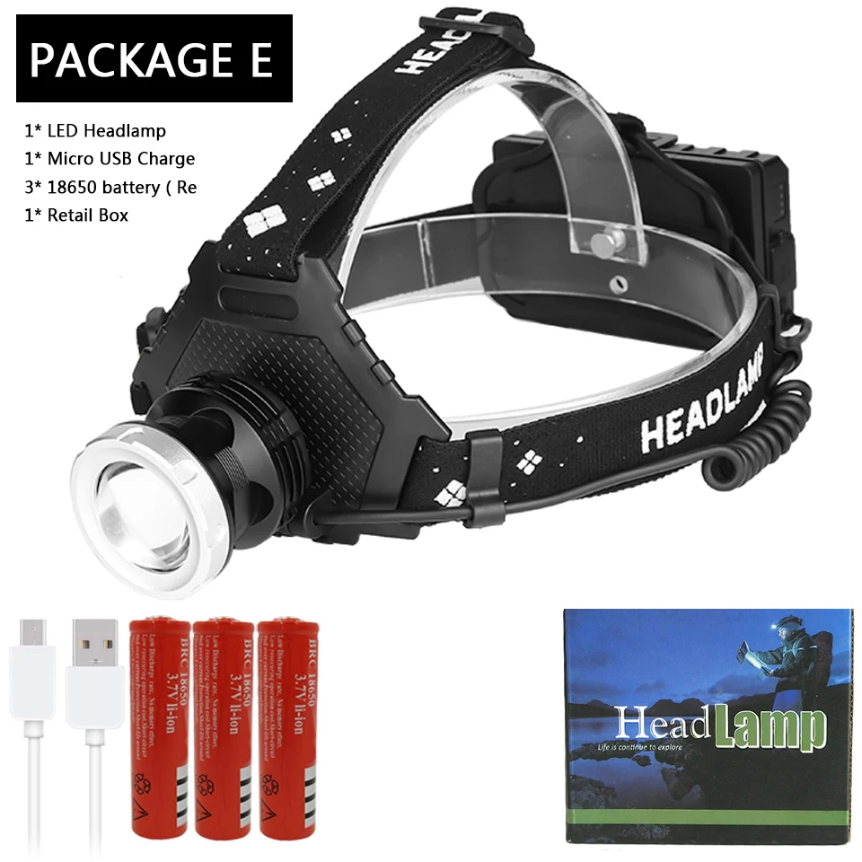 Package E XHP70.2 Новое поступление самая мощная светодиодная фара 32 Вт XHP50.2 zoom Головной фонарь блок питания 7800 мАч 18650 батарея Z90+ 2063 - Испускаемый цвет: Package E
