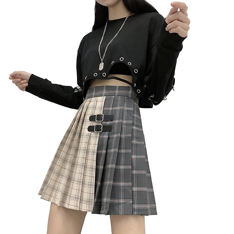 Женская плиссированная юбка в клетку кожаная школьная с пряжкой и высокой талией