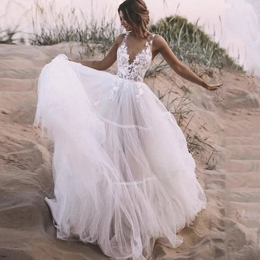 

KapokDressy Elegant Bohemian Lace Wedding Dress 2021 Double V Neck Sleeveless A Line Tulle Wedding Gown Sweep Train Bridal Dress