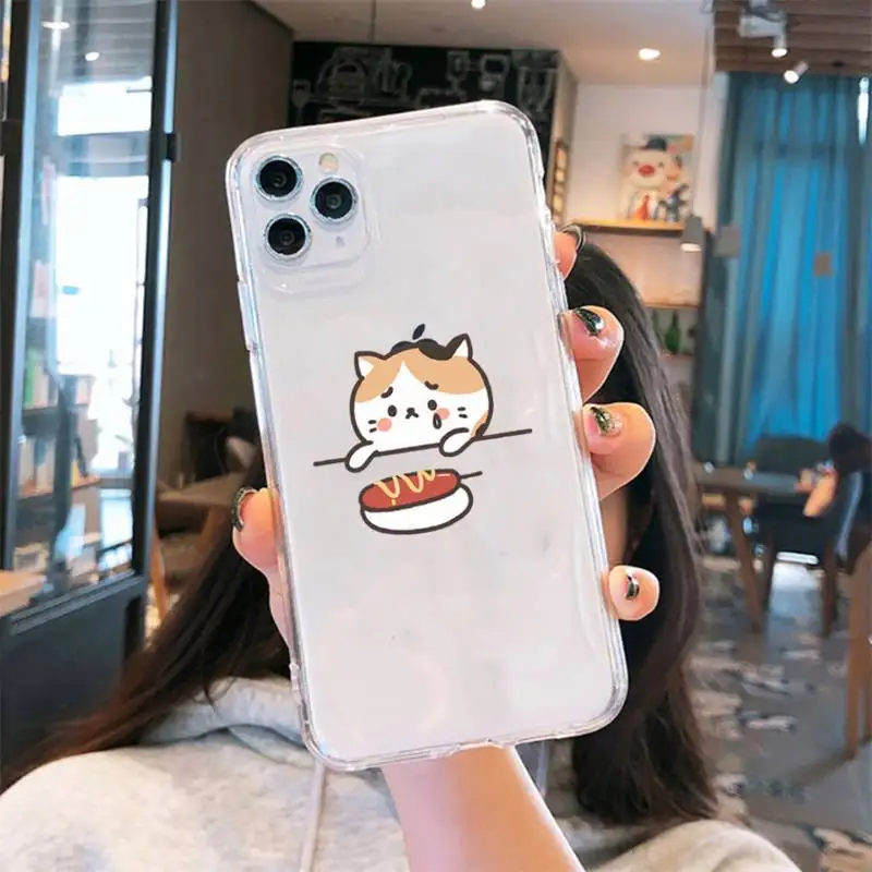 

Cartoon cute cat food glutton Phone Case Transparent for iPhone 6 7 8 11 12 s mini pro X XS XR MAX Plus cover funda shell