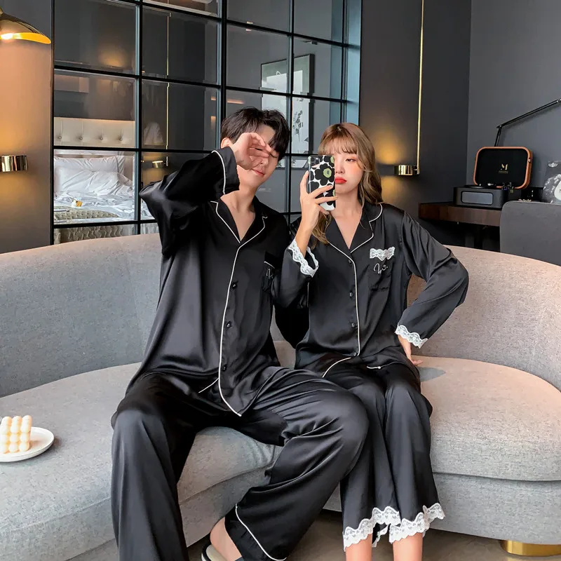 

2021 Spring Women's Pajamas Set Luxury Style Lace Fashion Solid Color Sleepwear Silk Like Couple Home Clothes Nightwear for Men
