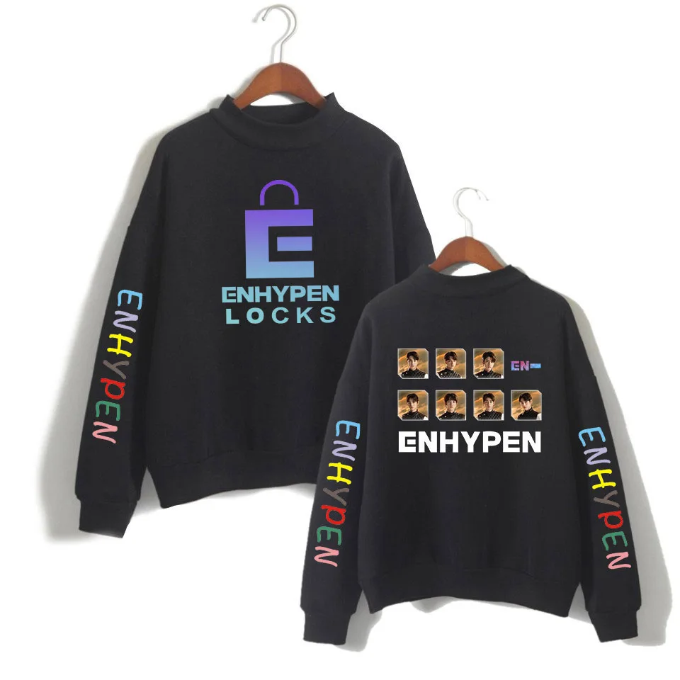

Band ENHYPEN New Team Kpop Stylish Turtleneck Sweatshirt Logo printed Women Highstreet Long Sleeve High collar Casual Tops
