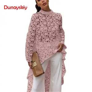Женская ажурная рубашка с длинным рукавом, асимметричная блузка свободного покроя с цветочным принтом, белая блузка, весна-осень 2020