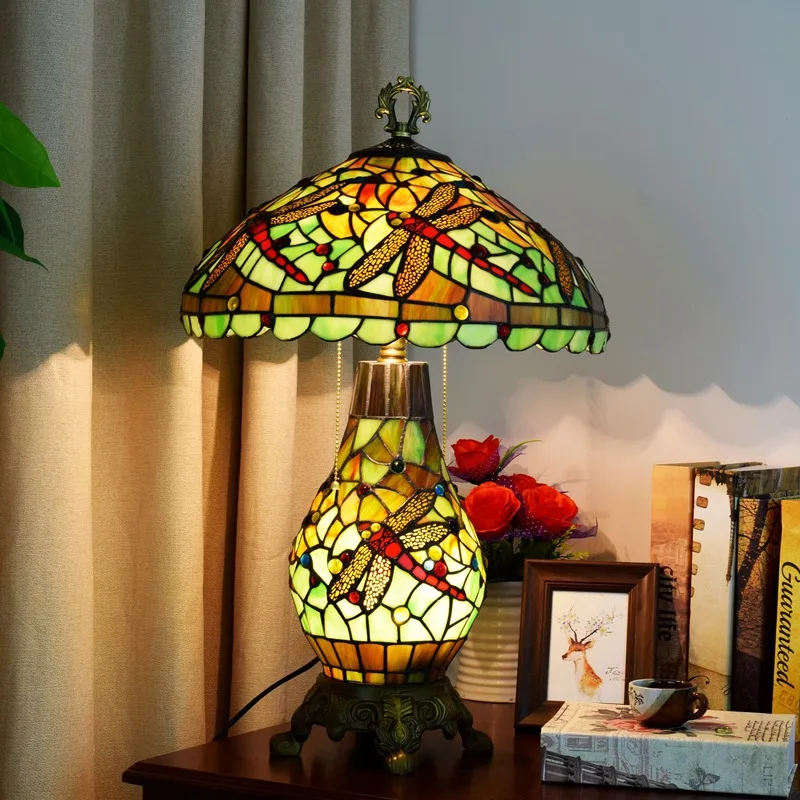 

American Pastoral Tiffany Colorful Glass Living Room Dining Room Bedroom Decoration Large Green Dragonfly Mother Table