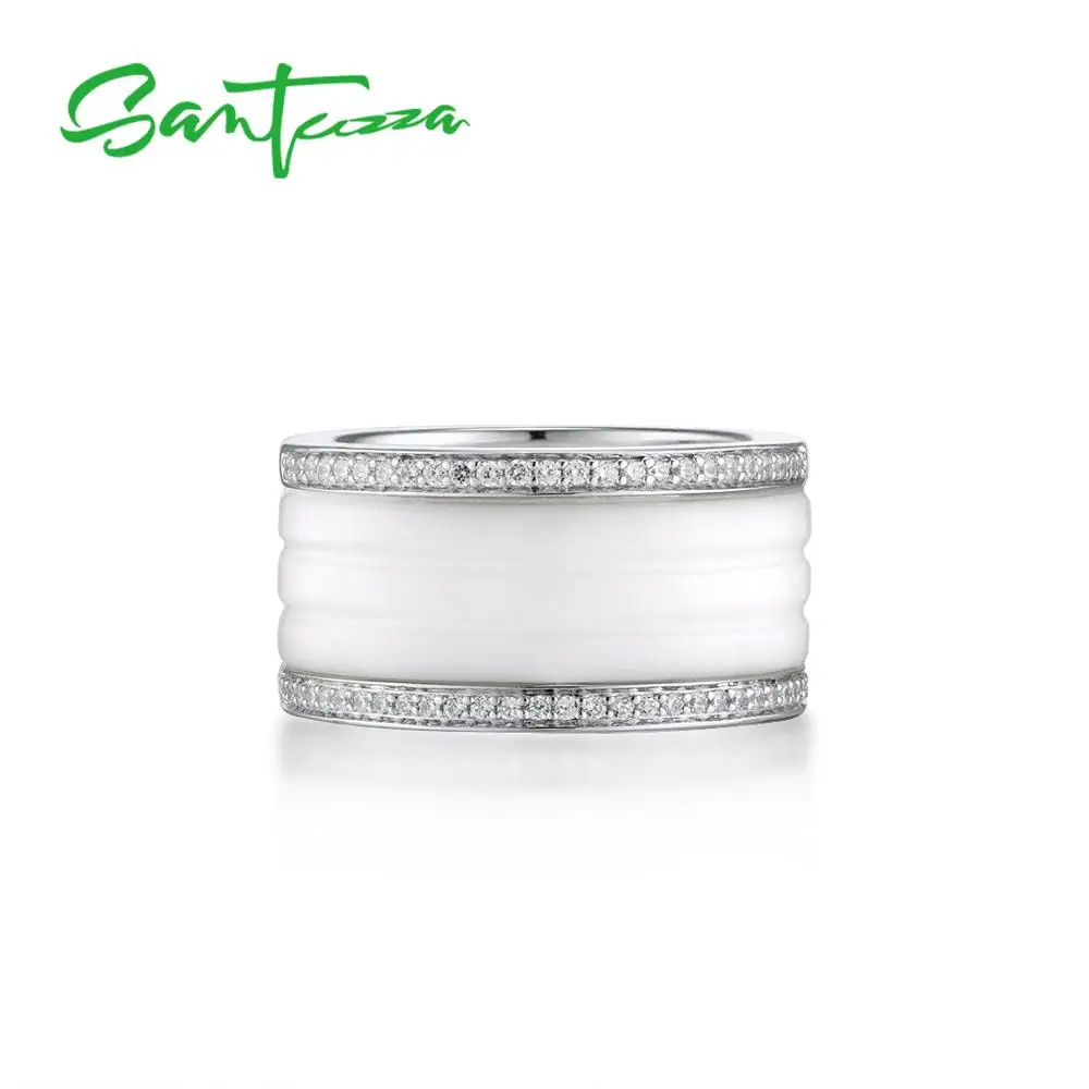 SANTUZZA, серебряные кольца для женщин, чистый 925 пробы, серебро, Круглый, белый, черный, керамика, кубический цирконий, простые, anillos, хорошее ювелирное изделие