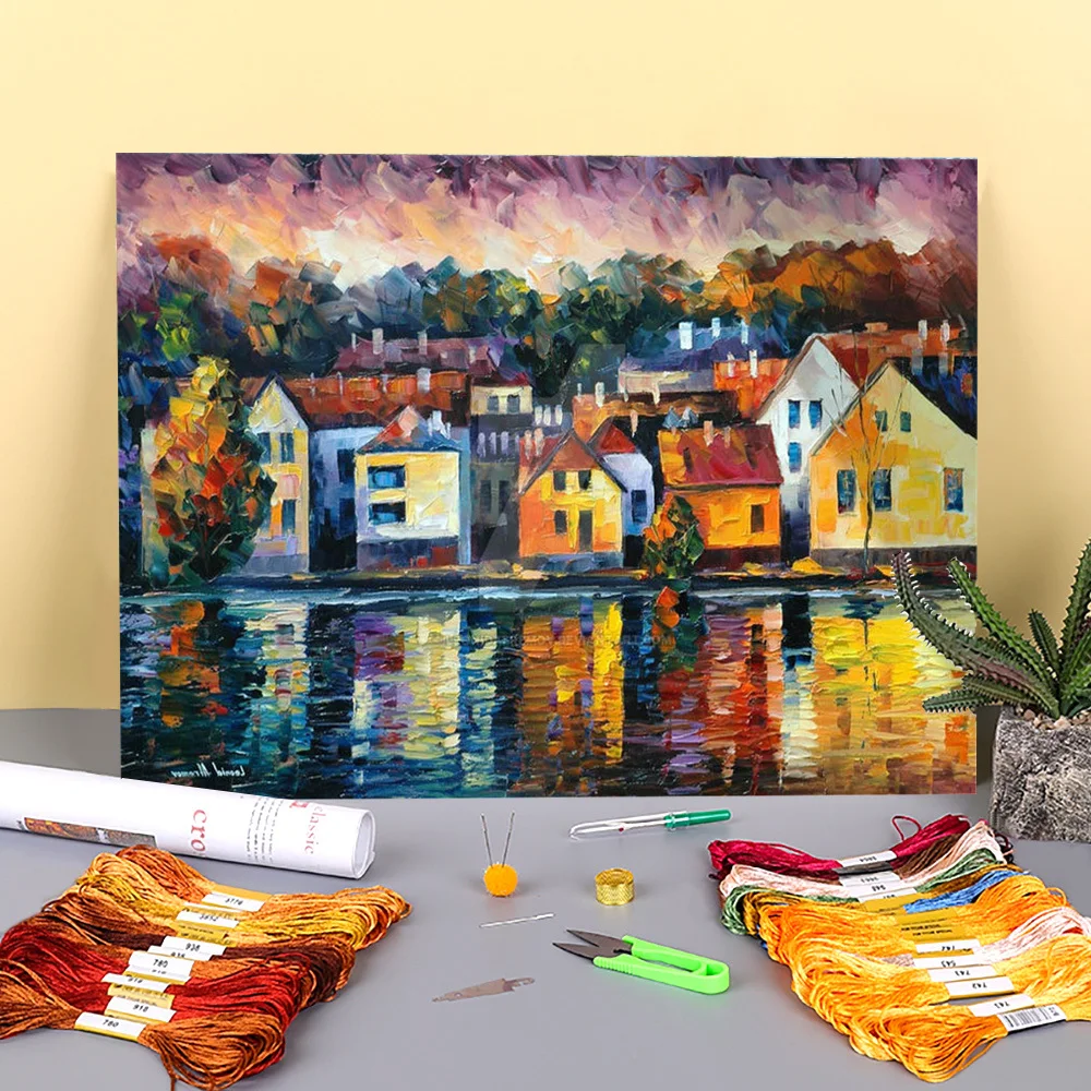 

Вышивка крестиком 11CT с изображением реки и города