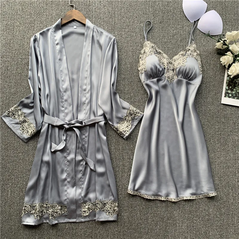 

Sexy Women's Robe & Gown Sets Lace Bathrobe + Night Dress 2 Pieces Sleepwear Womens Sleep Set Silk Robe Femme Lingerie