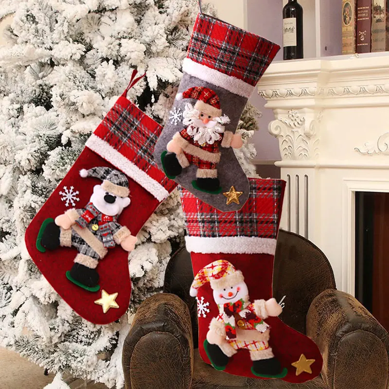 

Christmas Stockings Fireplace Hanging Candy Gift Socks Bag Embroidery Snowman Santa Elk Bear Xmas Tree Decoration New Year
