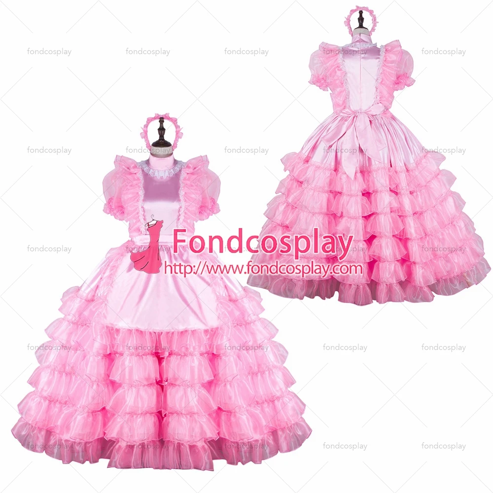 

fondcosplay adult sexy cross dressing sissy maid long baby pink organza satin dress lockable Uniform apron Tailor-made[G2259]