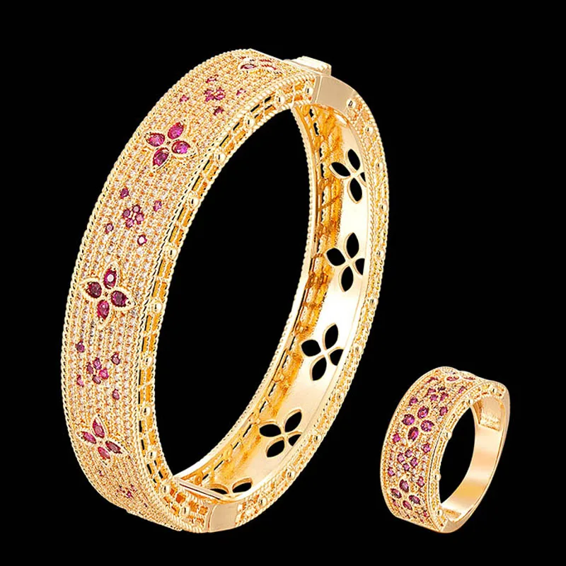 

Zlxgirl New Arrival Dubai Gold color bracelet with ring jewelry sets women Size AAA CZ zircon copper bangle sets couple gifts