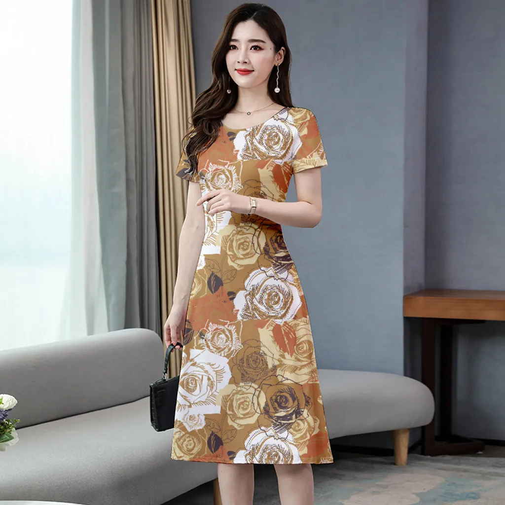 Модное повседневное женское платье с О-образным вырезом коротким рукавом платья
