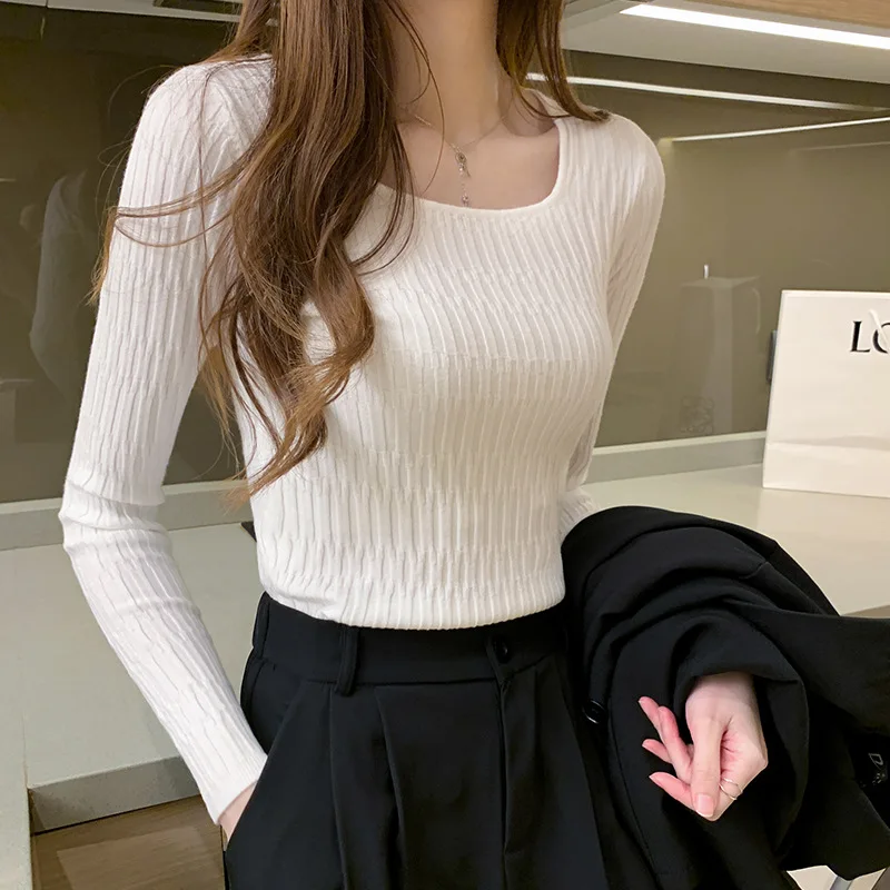 2020 autumn and winter New Korean women's clothing slim square collar shirt base long sleeve knitted fashion | Женская одежда