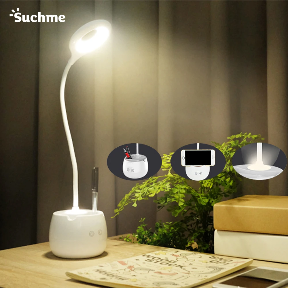 

Suchme LED Desk Lamp with Pen Holder Phone Stand Eye-Care USB Rechargeable Reading 360 Degree Rotation Night Light for Studying