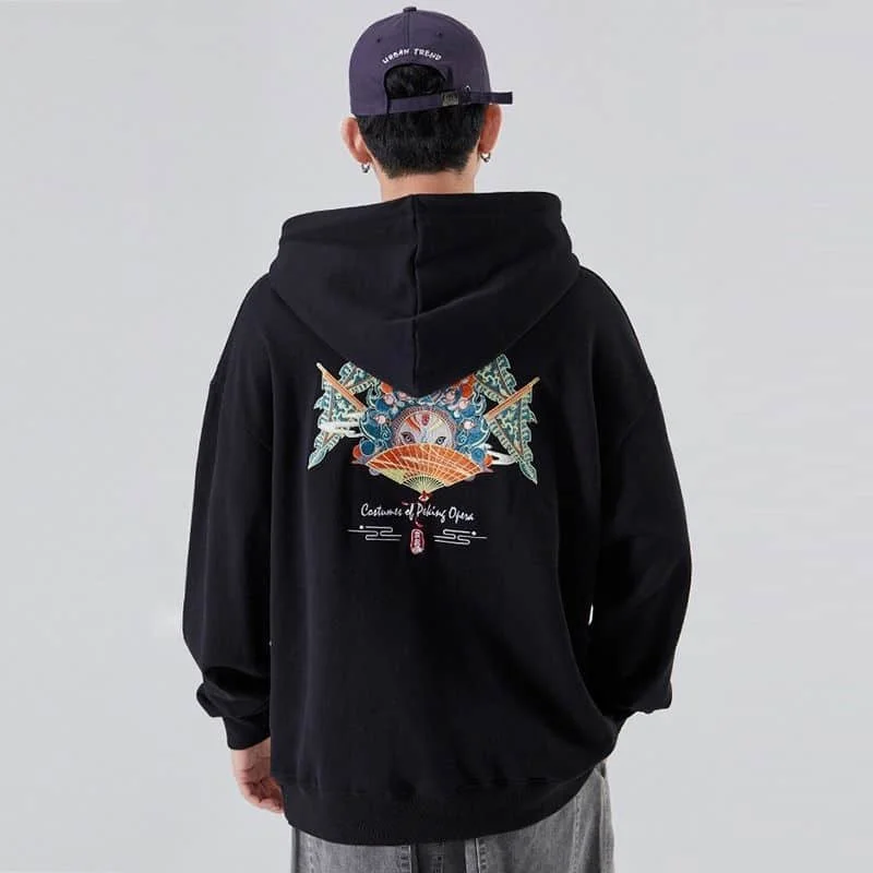 

Sweatshirts Men And Women Fall And Winter Loose And Velvet Beijing Opera Facial Makeup Embroidery Hooded Student Jacket Clothes