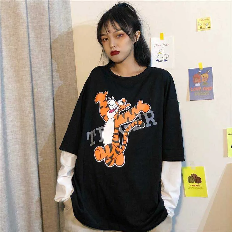 32618black NiceMix Harajuku/футболка с принтом тыквы и буквами; Поддельные 2 штуки; Лоскутная Повседневная футболка с длинными рукавами; женская и Мужская Уличная одежда; топы - Цвет: 32618black