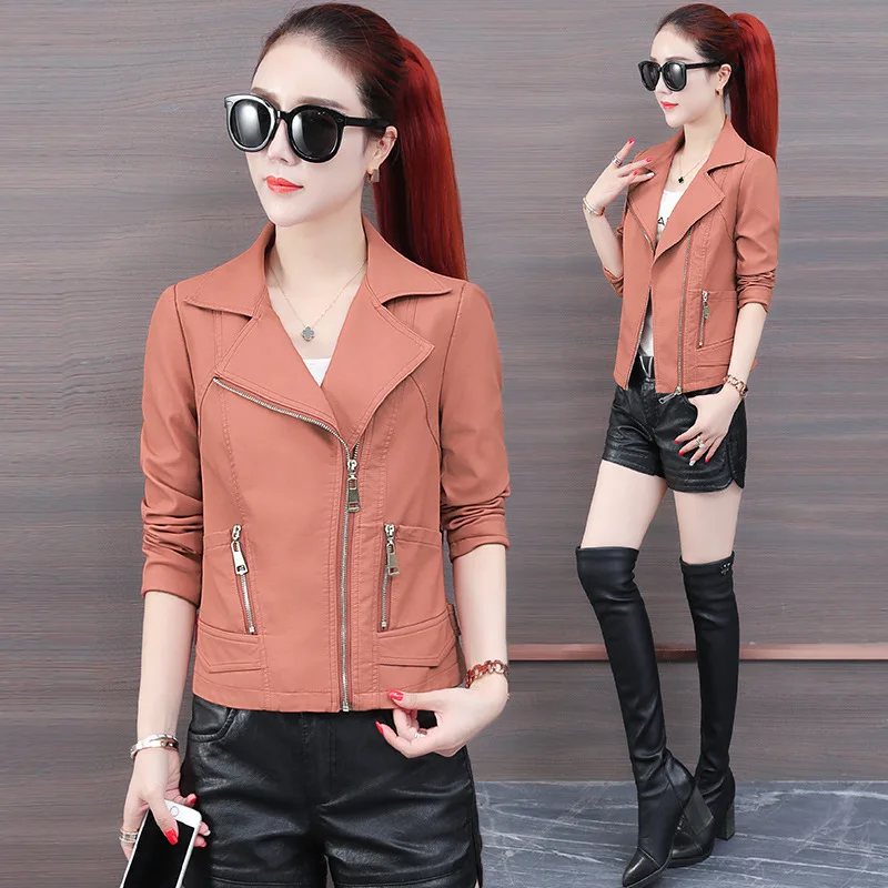 

in the spring of 2020 new female garment manufacturers selling lapels morality show thin women's leather jacket high quality