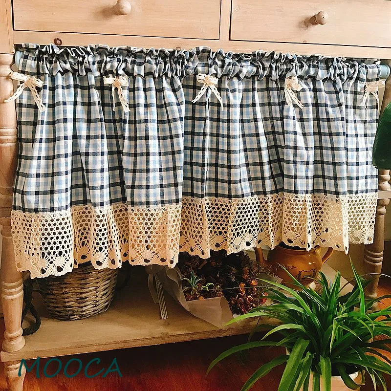Синяя Клетчатая кухонная занавеска в клетку из хлопка | Дом и сад