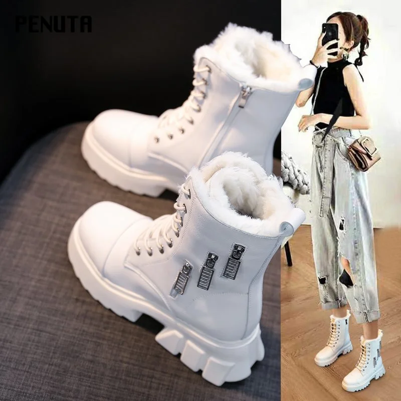 

Winter Women Boots White Chunky Heel Warm Shoes With Zip Platform Combat Boots Plush Designer Punk Gothic Female Booties B011P