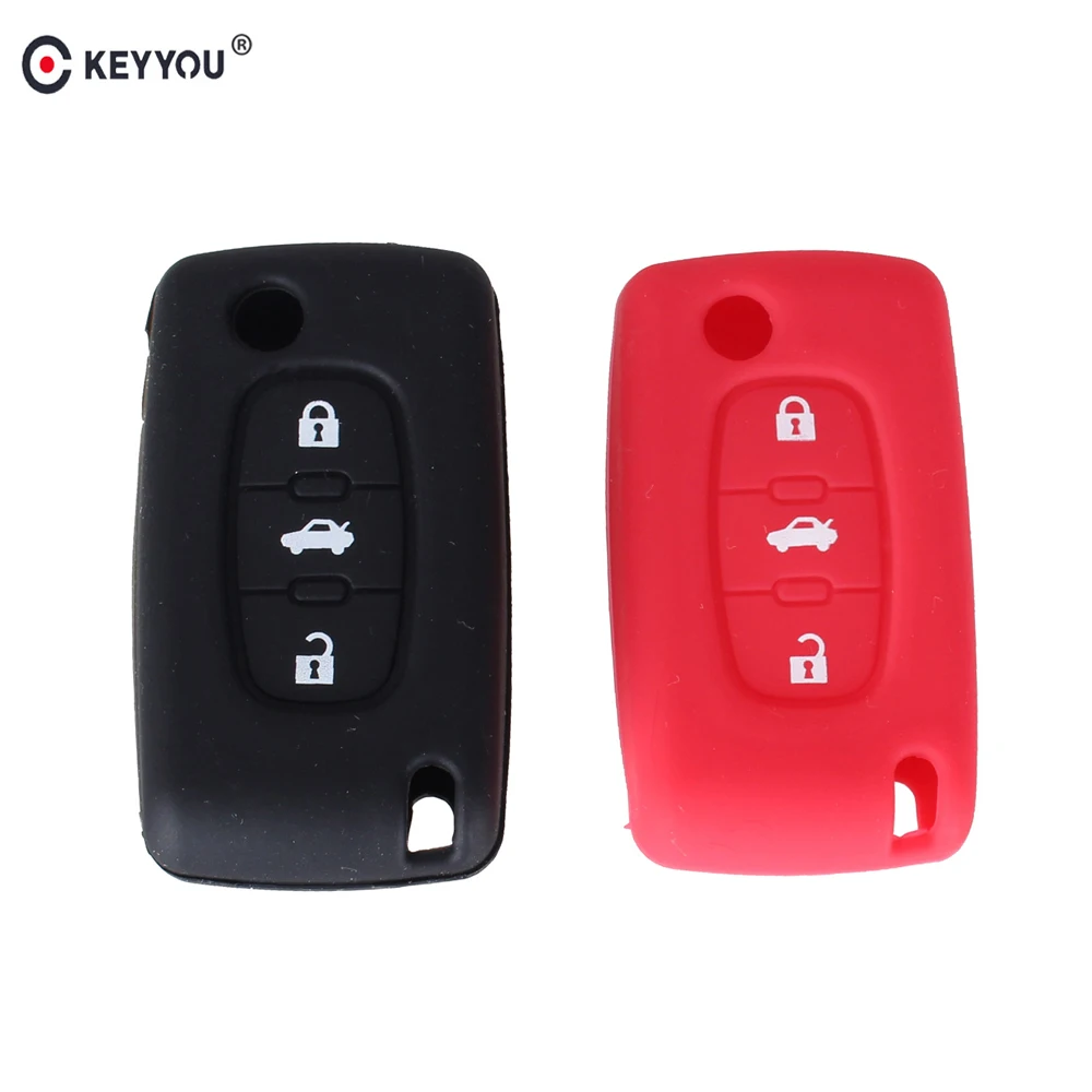 

KEYYOU 30pcs 3 Button Silicone Car Key Case Cover For Peugeot 107 207 307 407 308 607 For Citroen C4 C5 C6 C8 Flip Key Fob Shell