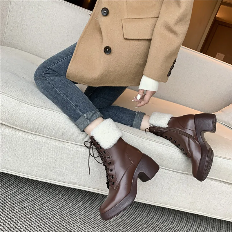 

FEDONAS 2020 Winter Newest Women Snow Boots Genuine Leather High Heels Ankle Boots For Women Office Lady Party Shoes Woman
