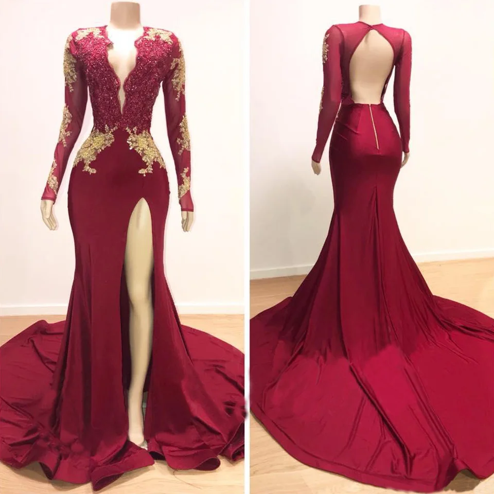 

2021Custom Thigh-High Slits Mermaid Plus Size Applique Woman Lady Prom Party Gown Birthday Christmas Evening Dresses Long Sleeve