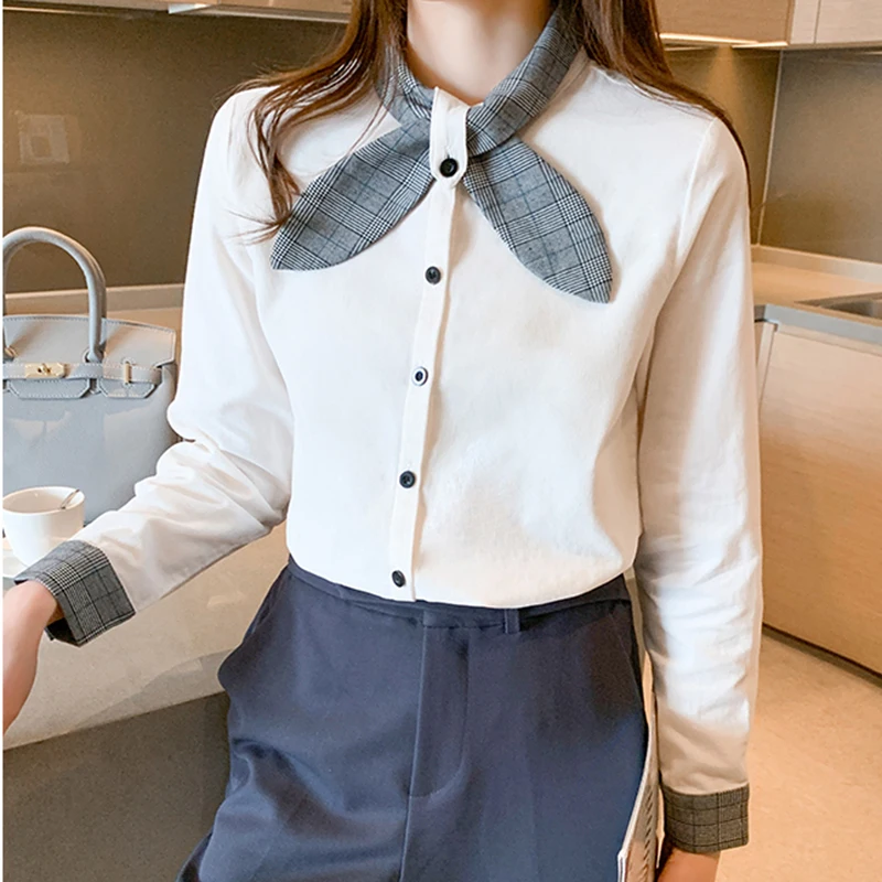 

LJSXLS 2021 белая женская рубашка с длинным рукавом новый однотонный топ на шнуровке с бантом женский весенний осенний милый элегантный стиль же...