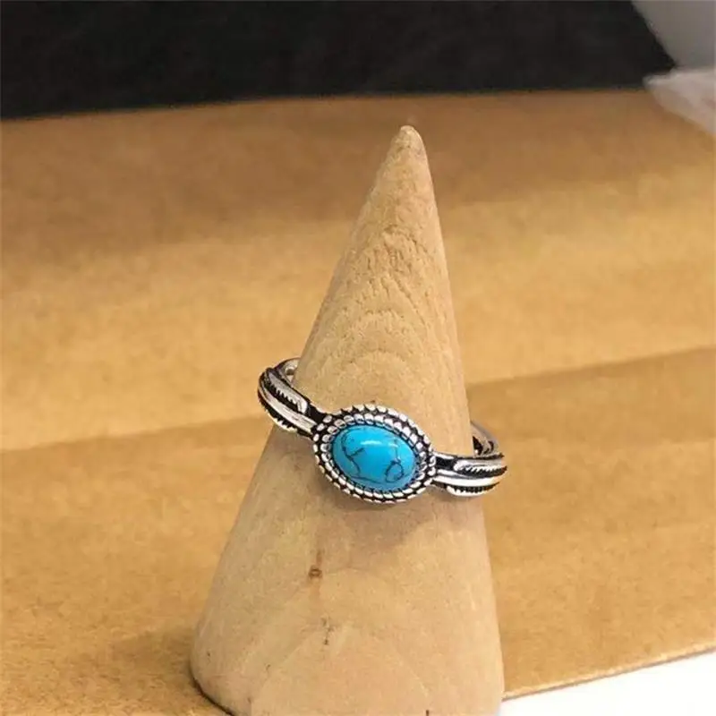 

Retro Art Adjustable Blue Turquoise Ring Ethnic Style Carved Hollow Women's Ring Party Index Finger Rings Jewelry