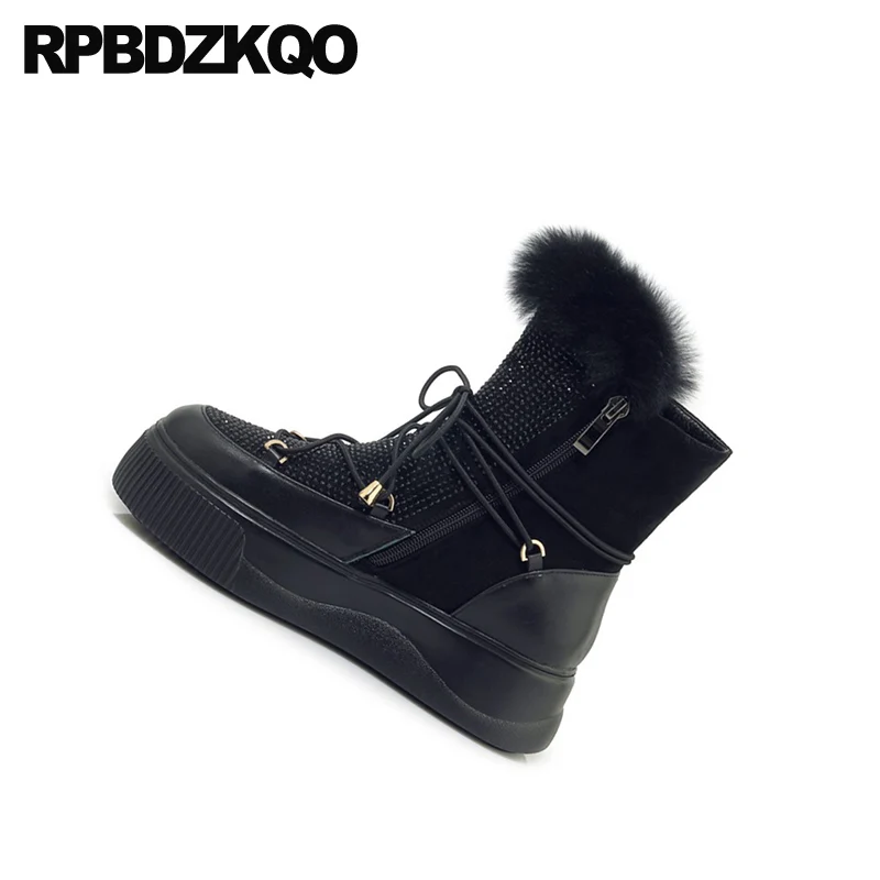 Алмазные пушистые черные меховые роскошные женские ботильоны с лифтом обувь на