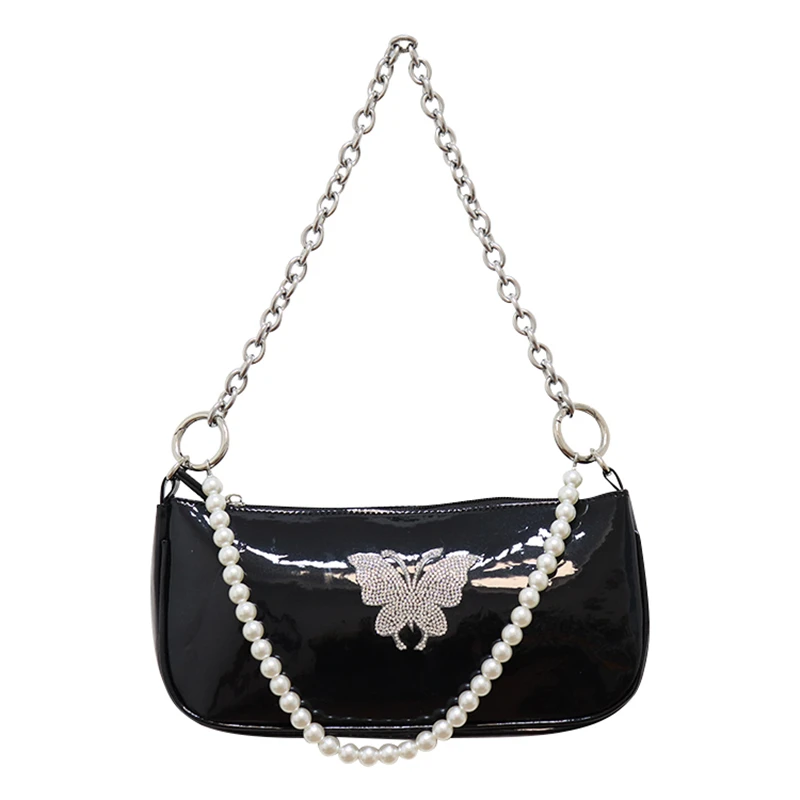

Niche design bag women's 2020 new one shoulder handbag inlaid with diamond butterfly underarm bag pearl chain simple bag