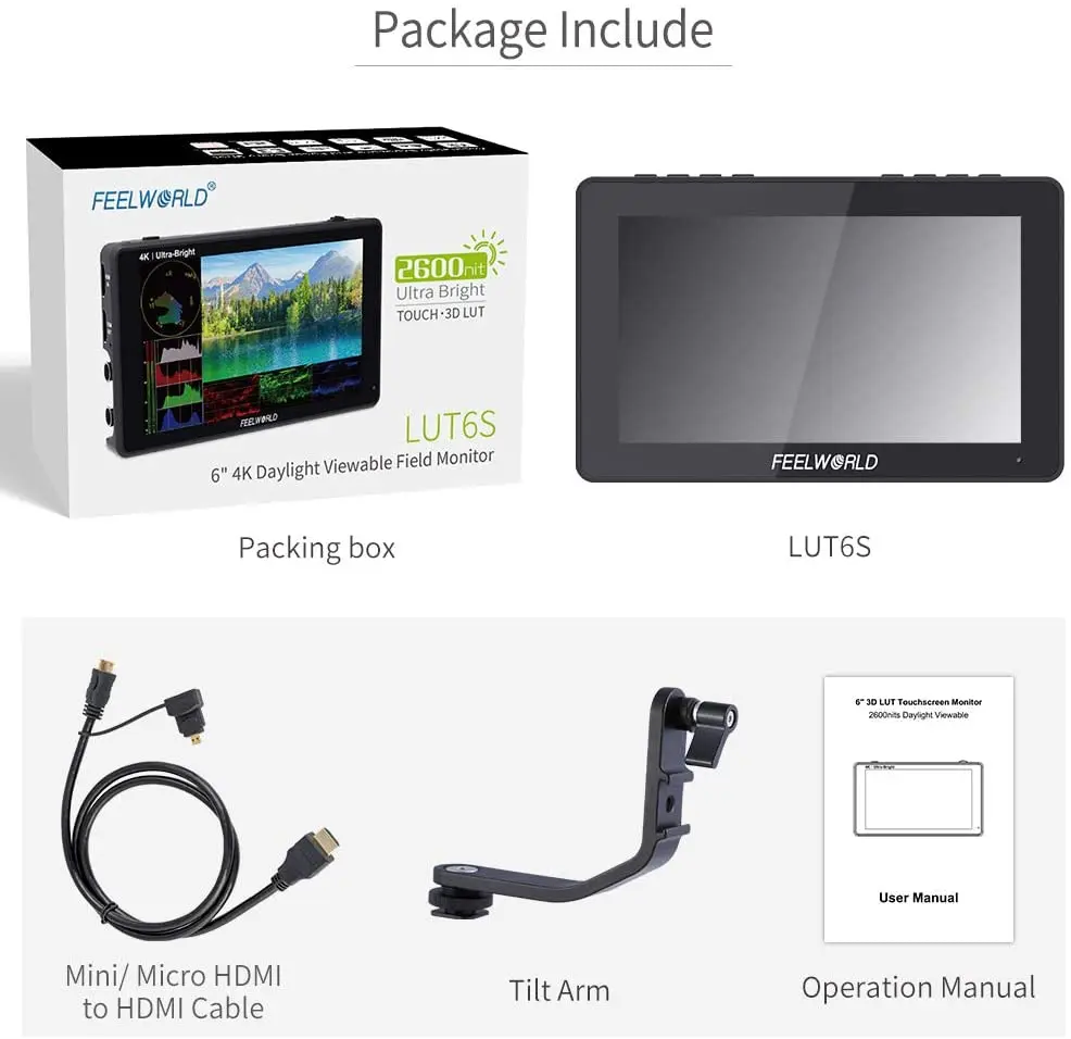 

FEELWORLD LUT6S 6 Inch 2600nits HDR 3D LUT Touch Screen DSLR Camera Field Monitor with Waveform VectorScope Histogram 3G-SDI
