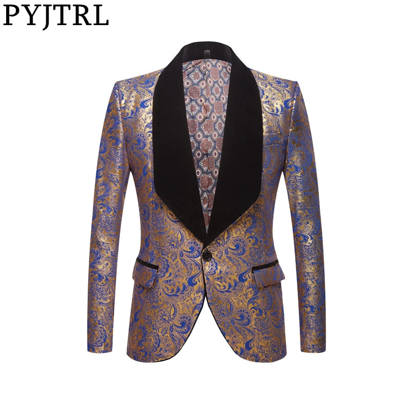 

PYJTRL мужской модный черный, синий, красный, золотой цветочный принт, шаль, отворот, Тонкий Блейзер, свадебное платье для жениха, костюм для вып...