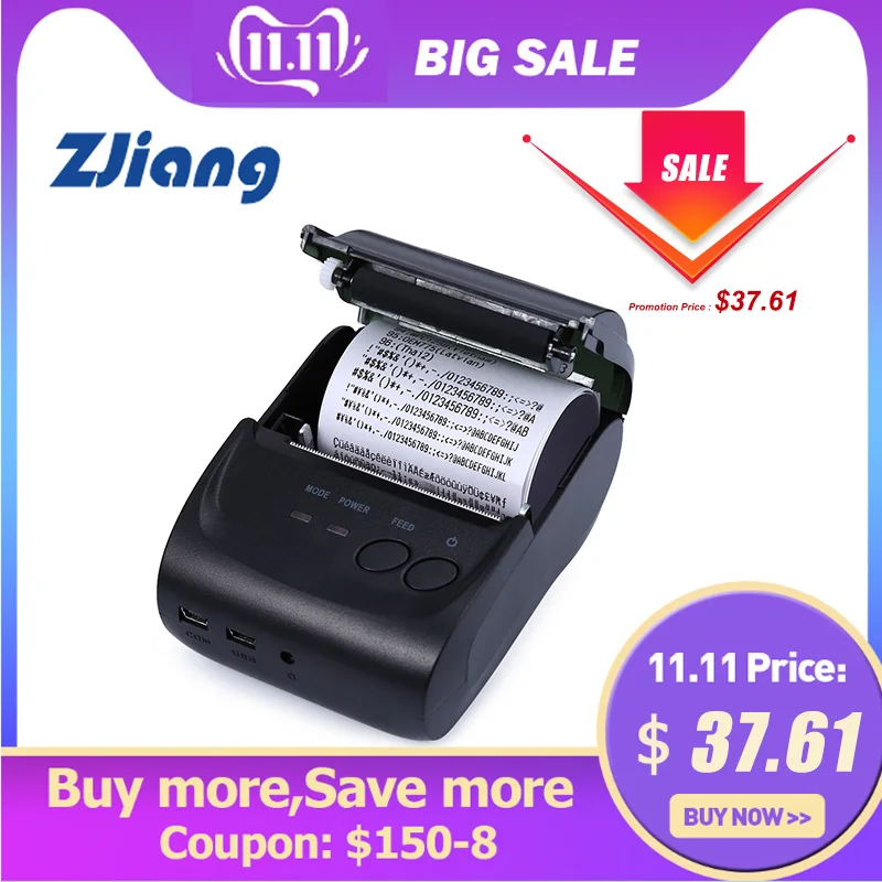ZJiang ZJ-5802LD Мини Bluetooth 2,0 3,0 4,0 58 мм Термопринтер 1500 мАч поддержка логотипа Товарный знак термопечать