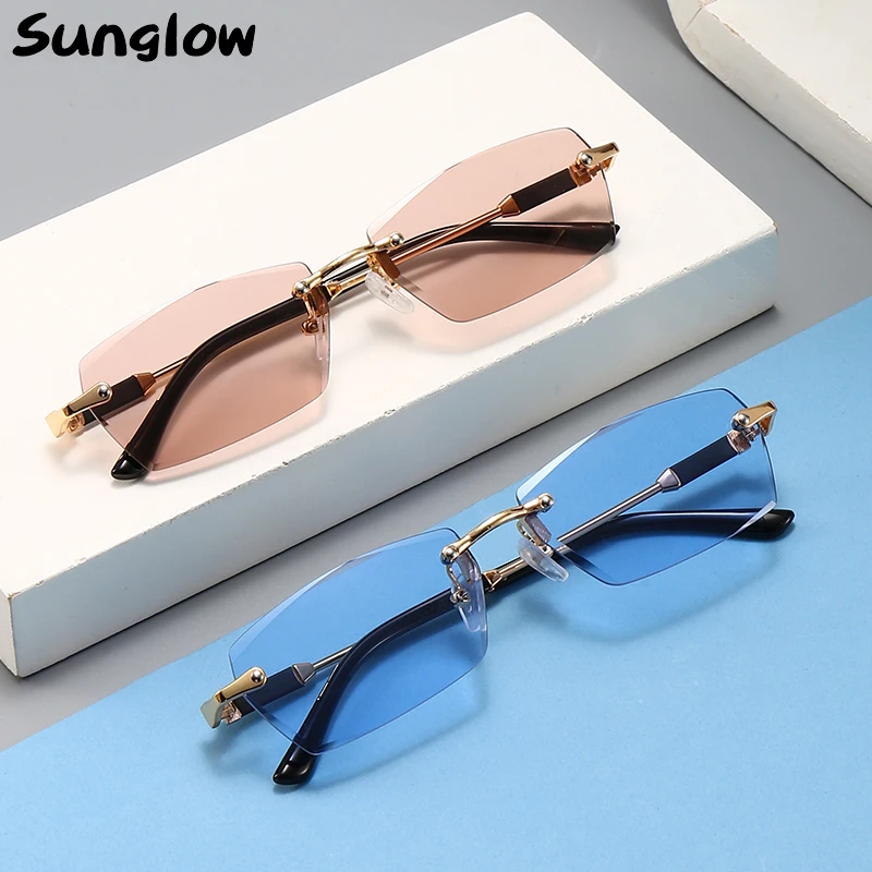 

Sunglow Retro Small Rectangle Sunglasses Women,Rimless Square Sun Glasses,2021 Summer Style Female UV400,Fashion Accessories