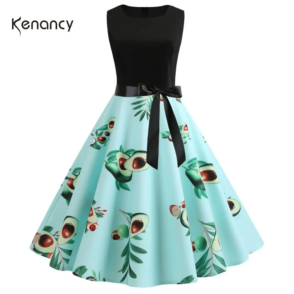 Летнее женское платье Kenancy в стиле ретро с принтом фруктов зеленый сарафан