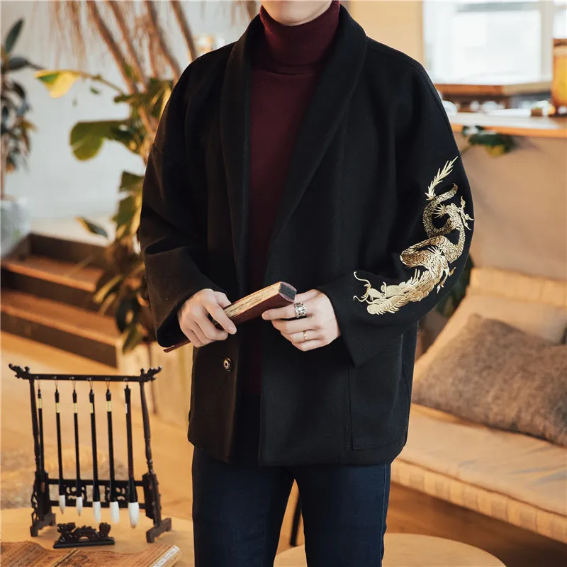 Мужская одежда 2020 японский Золотой Дракон Вышивка Тренч мужской отворот халат