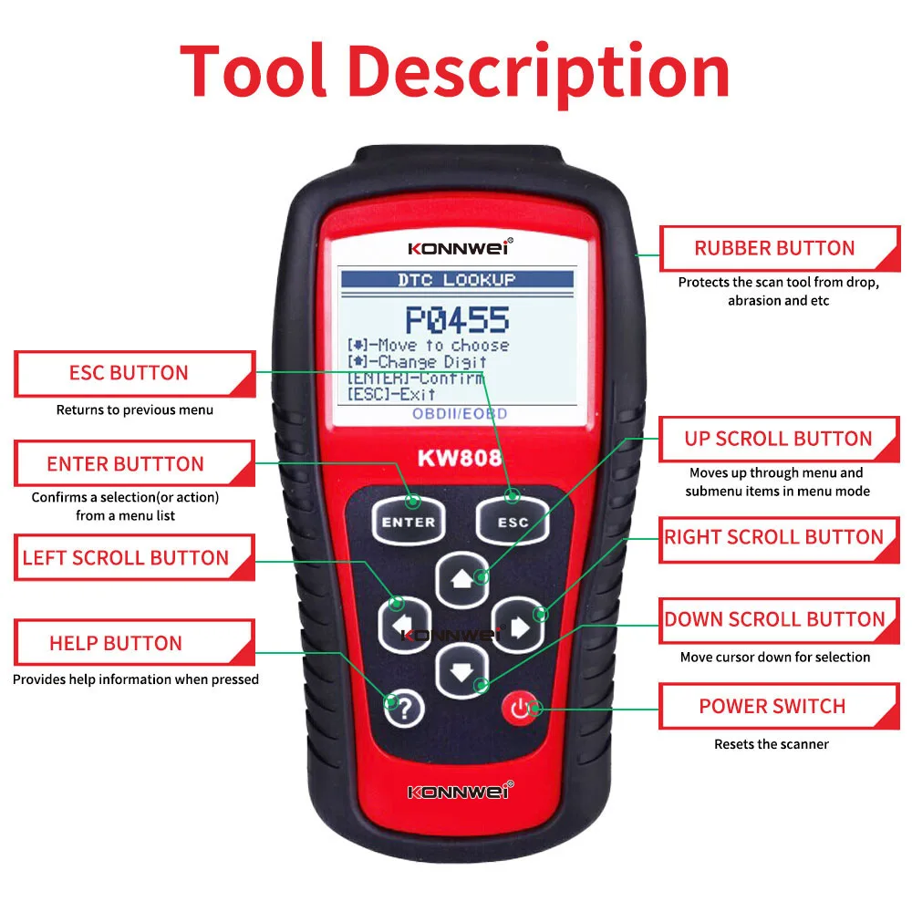 

KW808 Automotive Diagnostic Tool OBD 2 Auto Scanner Engine Code Reader support CAN J1850 Fualt Code Reader OBD2 Scanner KONNWEI