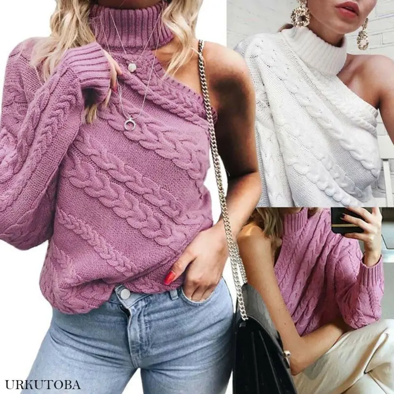 Сексуальная Женская зимняя водолазка вязаные женские джемперы на одно плечо