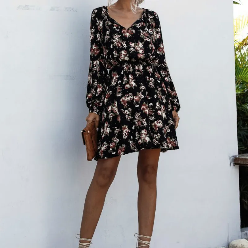 

Женское винтажное платье в горошек, Черное короткое платье с цветочным принтом, V-образным вырезом и рукавами-фонариками, весна-лето