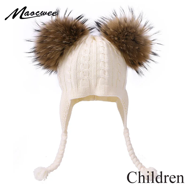 Шапка бини с помпоном из натурального меха детская зимняя шапка ушанка вязаная