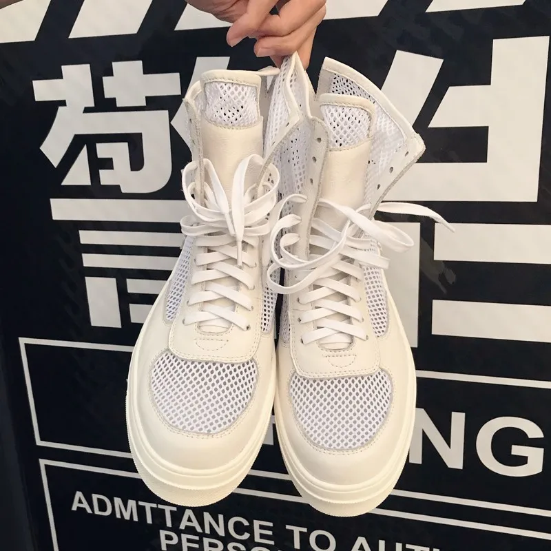 Модные мужские высокие дышащие сетчатые туфли на шнуровке Кожаные толстой