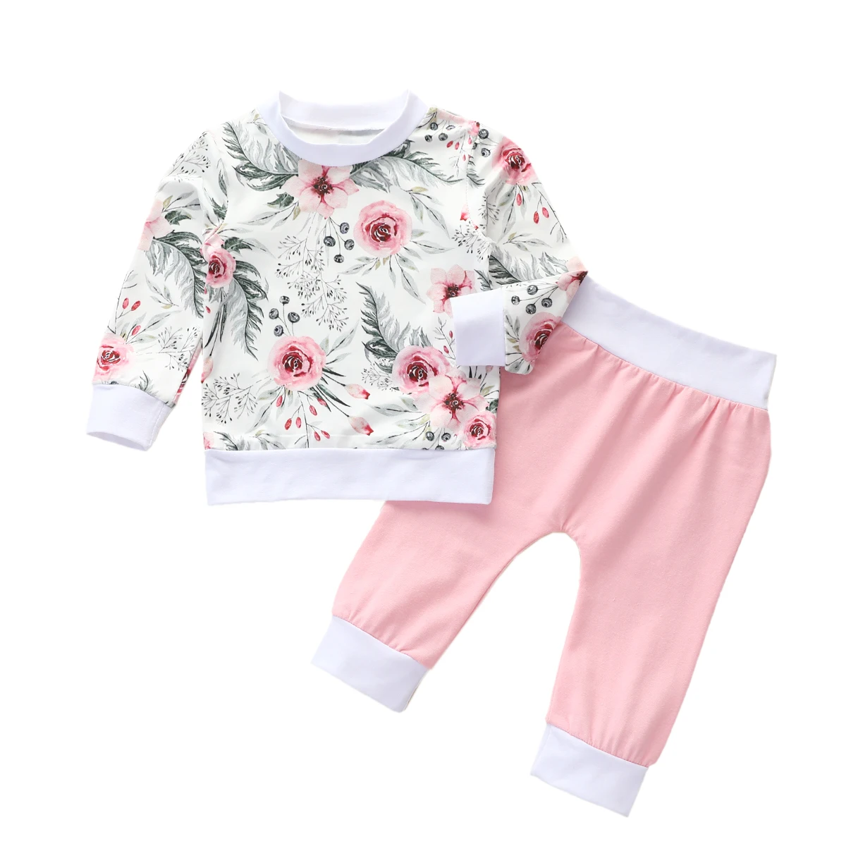 

Комплект брюк с длинными рукавами для маленьких девочек, футболка с круглым вырезом и Однотонные эластичные длинные штаны