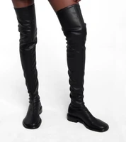 girls black mattepatent leather round toe over the knee thigh boots woman 3 cm low heels slip on slim long knight boots shoes