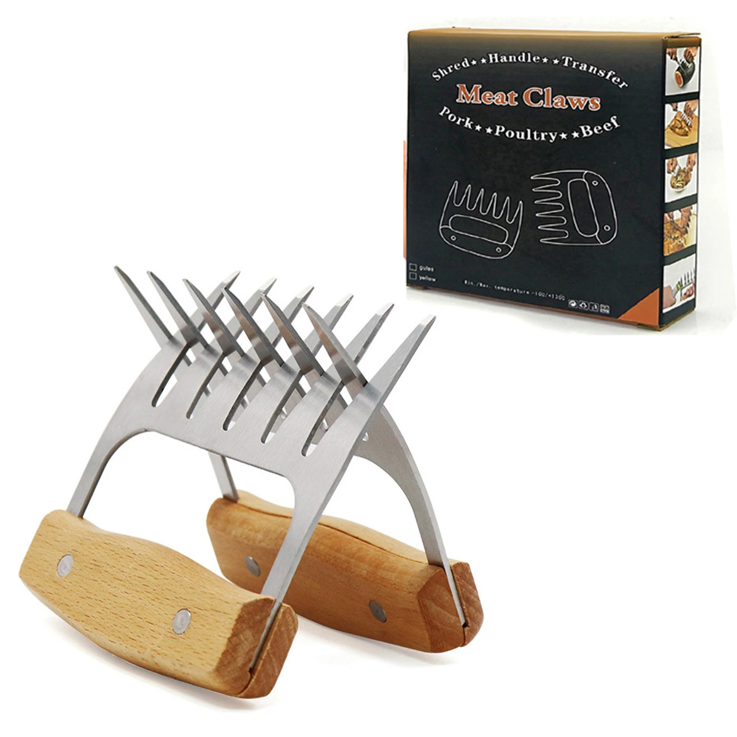 

Roestvrij Staal Houten Handvat Vlees Verdeeld Scheuren Vlees Barbecue Vork Multifunctionele Vlees Versnipperen Bbq Tool